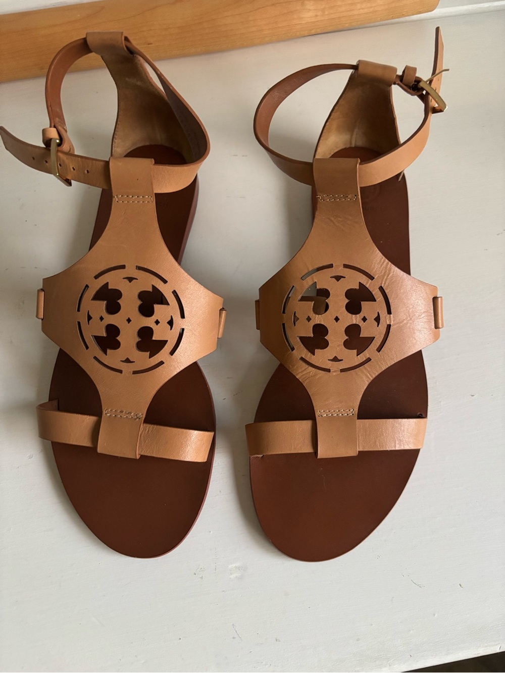 Tory Burch Tan Leather Cutout Medallion Ankle-Strap Sandals